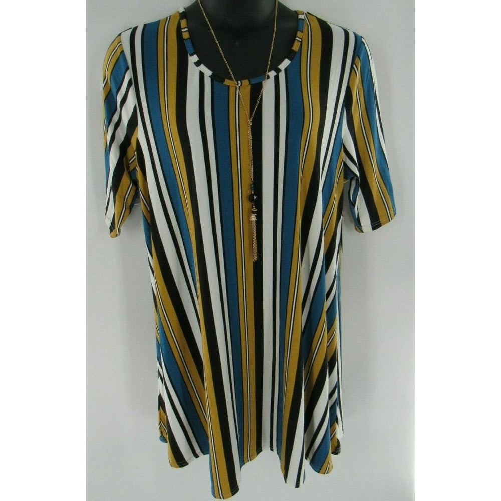 VIBE SPORTSWEAR Women's 2X Black White Blue Yellow Stripe Tunic Top Dress 70's